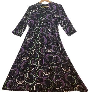 Loco Lindo Trippy Print V Neck Half Sleeve Dress Small Black Purple Green Rayon